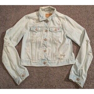 Hollister Cropped Distressed Style Blue Denim Jean Jacket Women's L